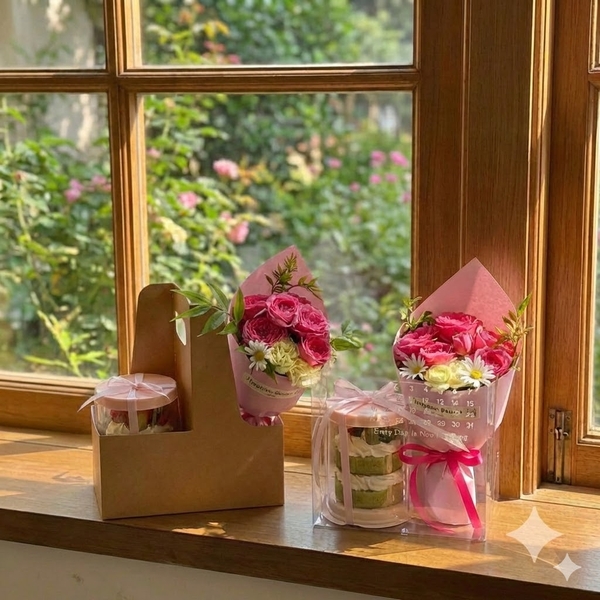 Set quà tặng 1 bánh kèm hoa tươi (kraft)