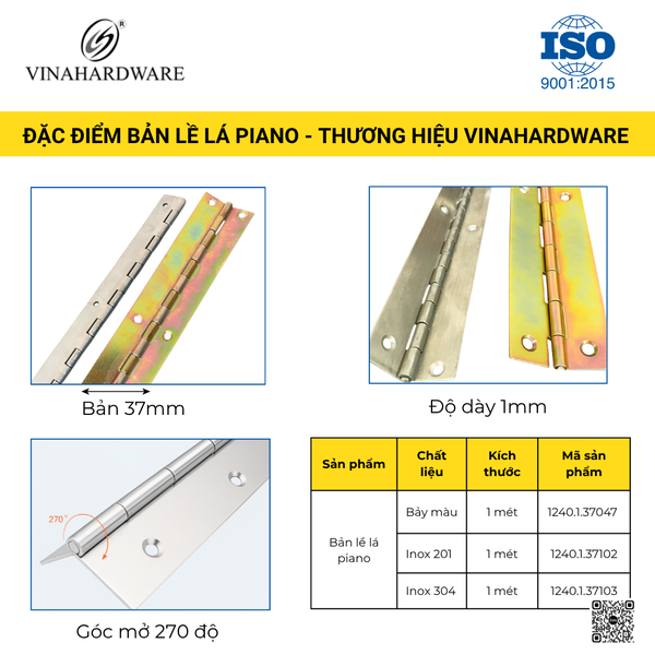 Bản lề lá piano bản 37mm – Xi mạ kẽm bảy màu – Mã 1240.1.37047