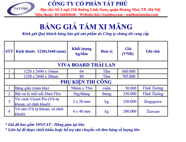 bảng giá tấm vivaboard