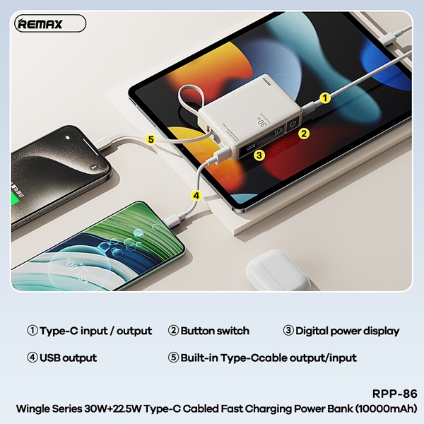 Pin dự phòng sạc siêu nhanh Remax RPP-86 10000mAh chuyên cho iphone 15 ...