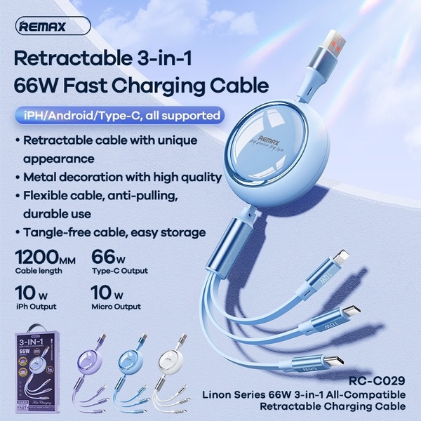 Cáp sạc nhanh dây rút 3 đầu Remax RC-C029 3in1 TypeC / Lightning ...
