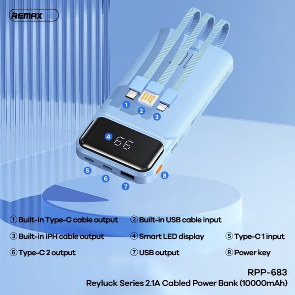 Pin dự phòng 10000mAh Remax RPP-683 sạc iphone 15 - tích hợp 3 cáp sạc ...