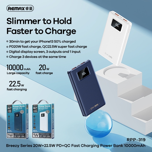 Pin dự phòng sạc nhanh Remax RPP-319 dung lượng 10000mAh QC 22.5W và PD ...