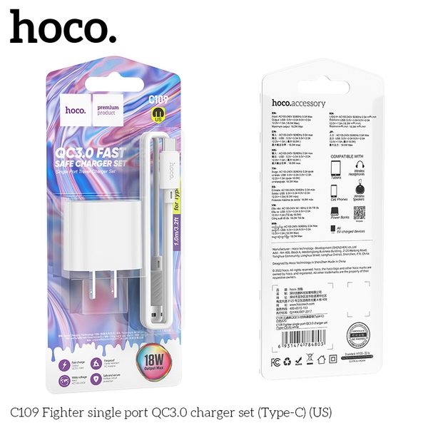 Bộ sạc nhanh USB to Type-C Hoco C109A / C109 QC3.0 18W cho điện thoại ...