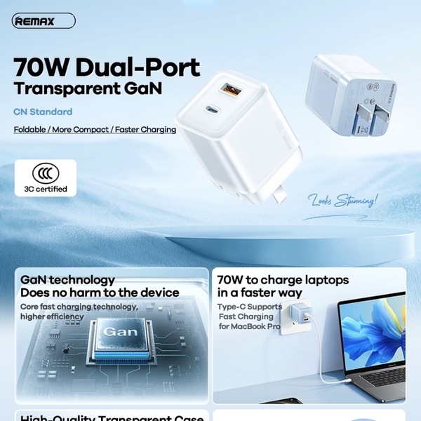 Cốc sạc nhanh 2 cổng REMAX RP-U182 Chân gập, USB-A QC3.0 22.5W, TypeC ...