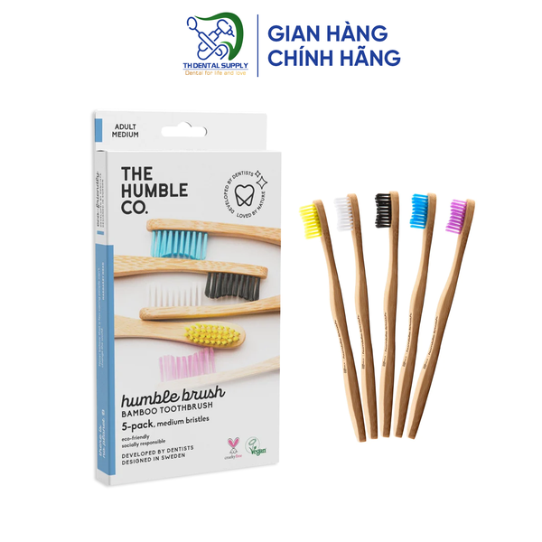 Bàn chải đánh răng 5-PACK FLAT CURVED ADULT - 5 COLORS - MEDIUM (cán tre) Made in Sweden - Thụy Điển