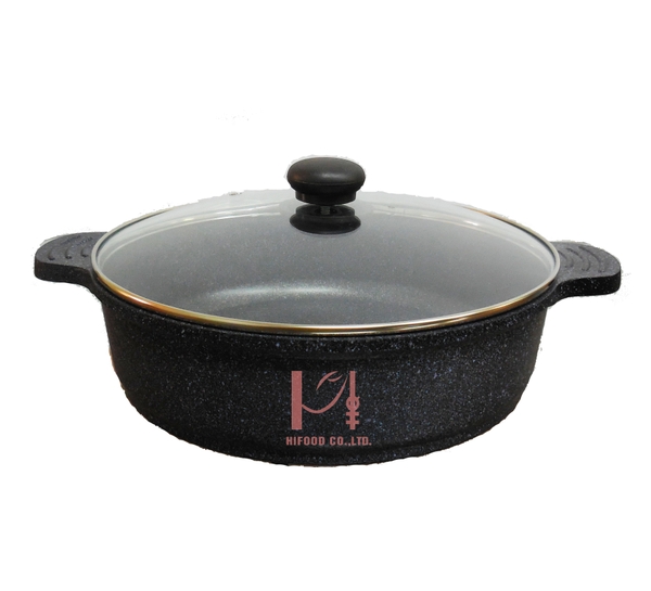 Nồi vân đá dẹt chống dính Cookqueen Hàn Quốc (nắp kính) 28cm