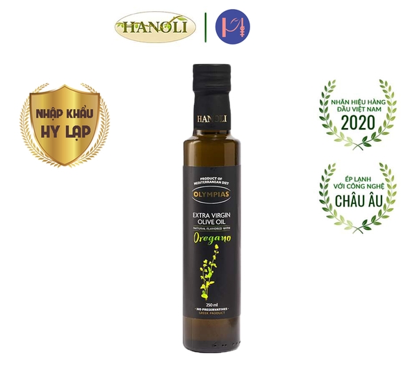 Dầu ô liu nguyên chất vị kinh giới cay (oregano) Olympias Hy Lạp chai 250ml