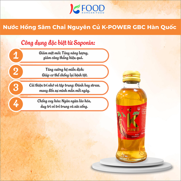 Nước Hồng Sâm Chai Nguyên Củ K-POWER GBC Hàn Quốc (10 chai * 120ml)