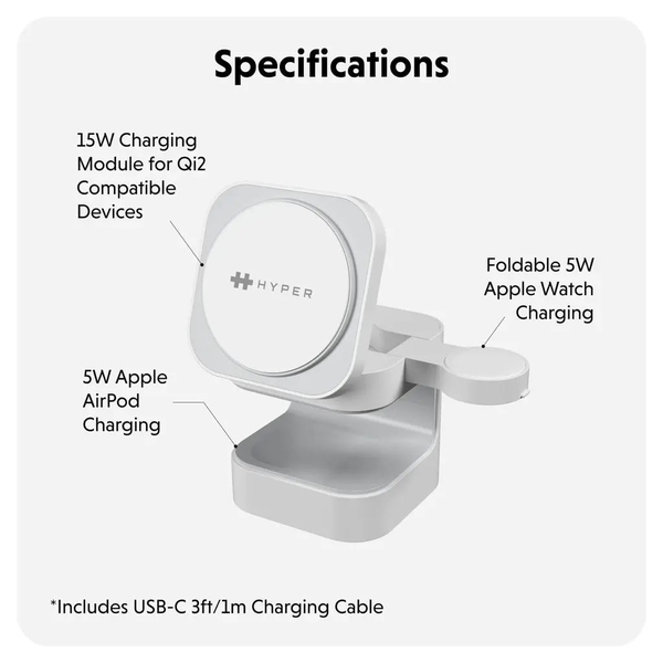 Bộ Sạc Không Dây HYPERJUICE QI2 3-IN-1 Magnetic Charging Stand HJ3320