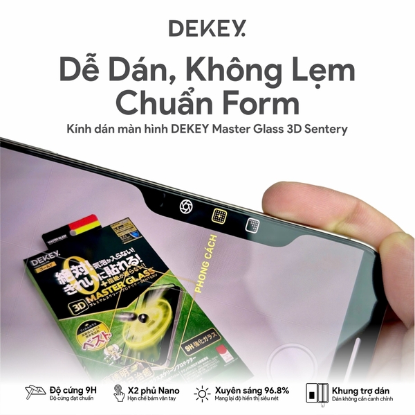 Miếng dán cường lực có khung trợ dán DEKEY 3D Master Glass Sentery (trong suốt) cho iPhone
