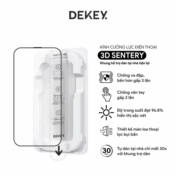 Miếng dán cường lực có khung trợ dán DEKEY 3D Master Glass Sentery (trong suốt) cho iPhone 17 Series