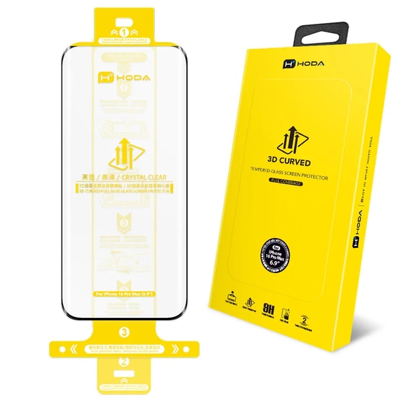 Miếng dán cường lực HODA 3D trong suốt có viền đen cho iPhone 16 Series