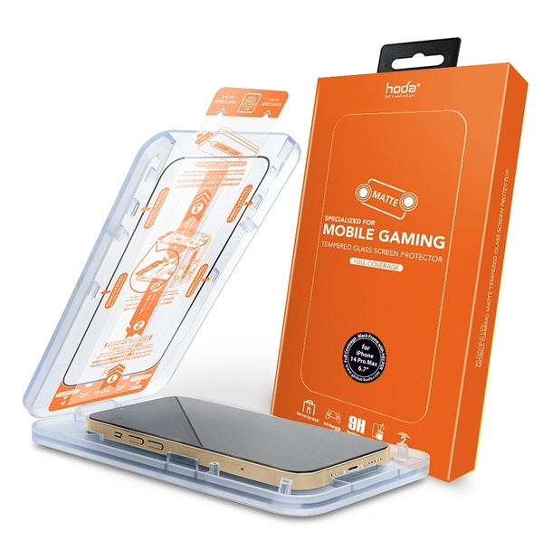 Miếng dán cường lực kèm khung trợ dán HODA chống bám vân tay có viền đen cho iPhone 14 series