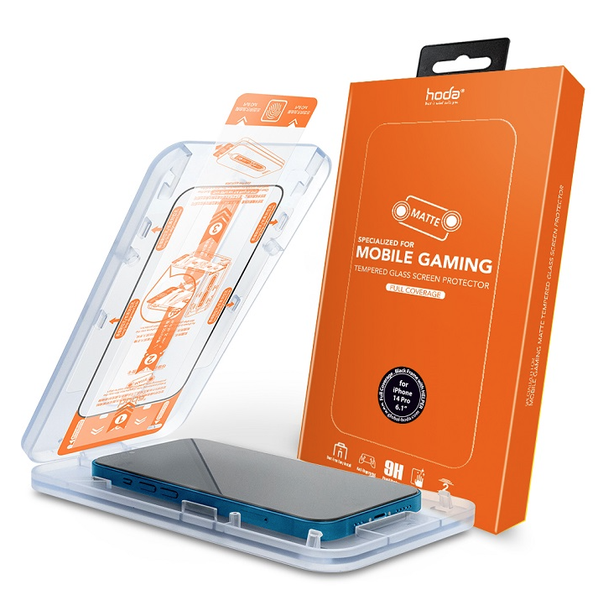 Miếng dán cường lực kèm khung trợ dán HODA chống bám vân tay có viền đen cho iPhone 14 series