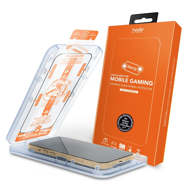 Miếng dán cường lực kèm khung trợ dán HODA chống bám vân tay có viền đen cho iPhone 14 series