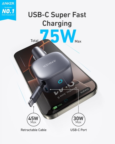 Sạc Ô tô ANKER 75W 1 Cổng USB-C Tích Hợp Cáp Rút Gọn USB-C - A2738