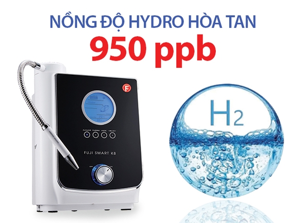 Nồng độ hydrozen hòa tan của máy ion kiềm Fuji Smart K8 là 950ppb