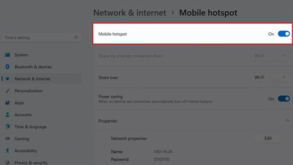 Kích hoạt Mobile Hotspot