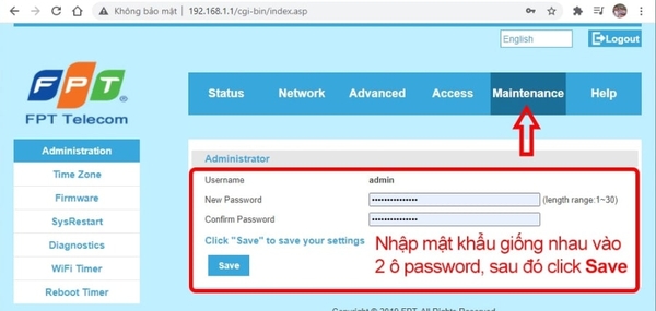 Giao diện đổi mật khẩu Router Wifi FPT trên trình duyệt web