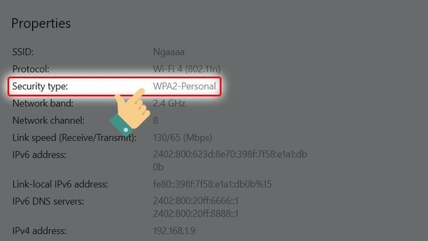 Kiểm tra thông tin Wifi trong mục Properties