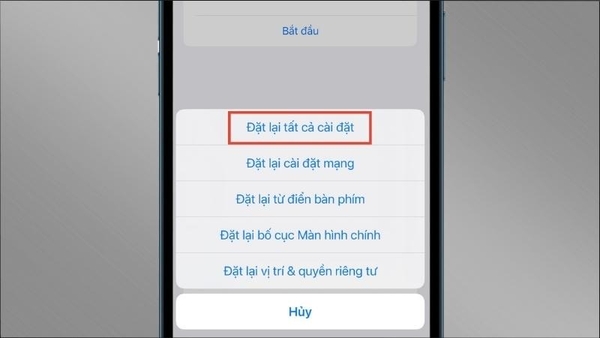 Nhấn chọn mục “Đặt lại tất cả cài đặt”