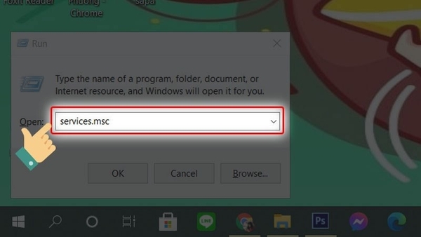 Nhập lệnh 'services.msc' vào ô Open