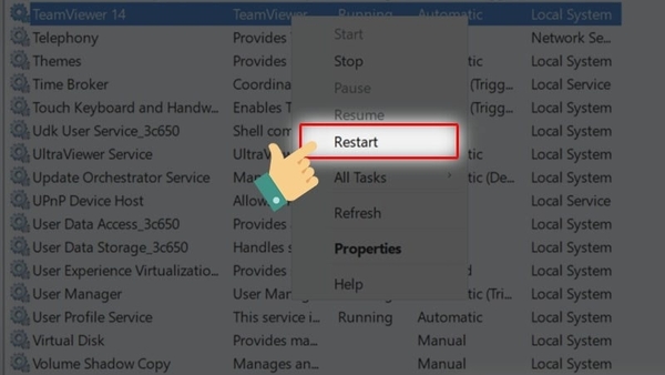 Nhấp chuột phải vào TeamViewer và chọn 'Restart'