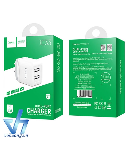 Hoco C33 3.4A - Cóc sạc 2 cổng USB vohoang.vn