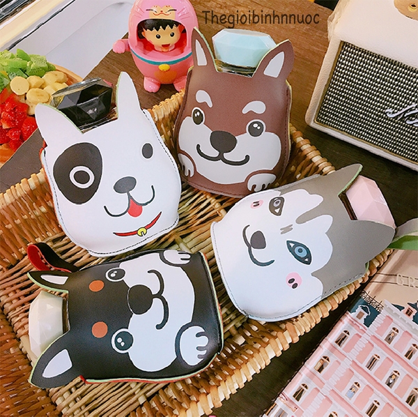 Bình Thủy Tinh Kèm Túi Da Hình Mặt Chó Siêu Cute  N92