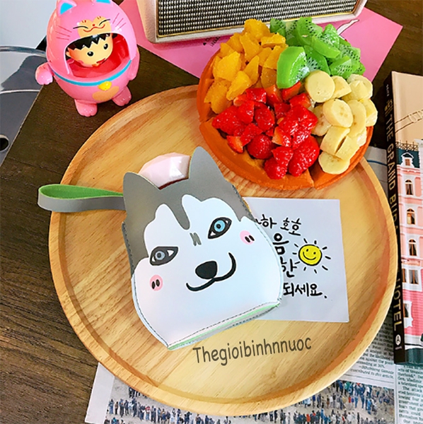 Bình Thủy Tinh Kèm Túi Da Hình Mặt Chó Siêu Cute  N92