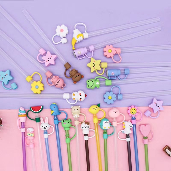 Set Ống Hút Nhựa Kèm Nút Đậy Ống Hút Siêu Đáng Yêu 
