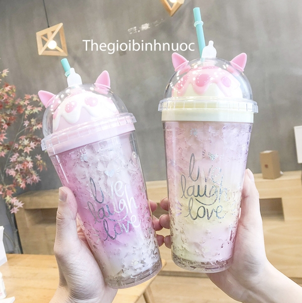 Ly Nhựa Cold Cup Hai Lớp Kèm Ống Hút Dễ Thương 