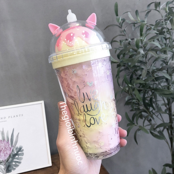 Ly Nhựa Cold Cup Hai Lớp Kèm Ống Hút Dễ Thương 