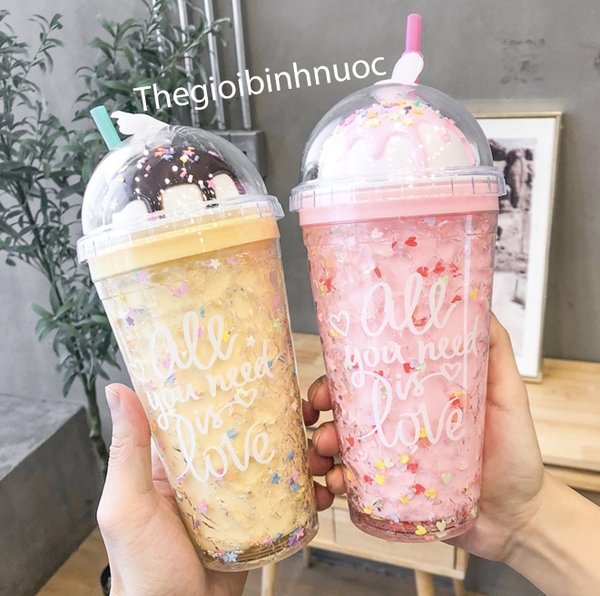 Ly cold Cup Hai Lớp Tặng Kèm Ống Hút Hoạ Tiết Ice Cream 