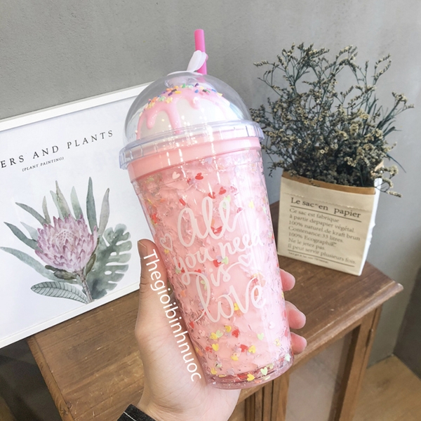 Ly cold Cup Hai Lớp Tặng Kèm Ống Hút Hoạ Tiết Ice Cream 