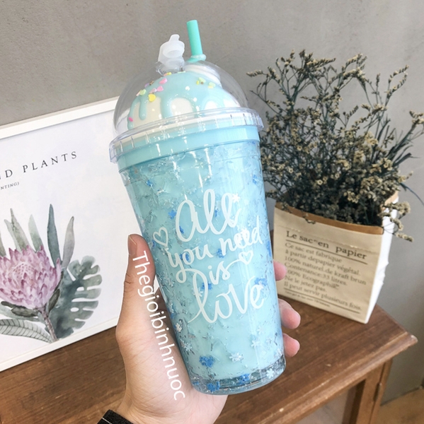 Ly cold Cup Hai Lớp Tặng Kèm Ống Hút Hoạ Tiết Ice Cream 