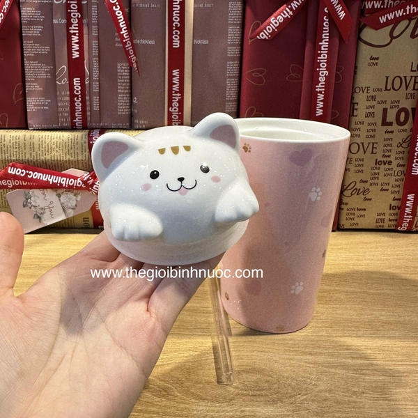 Ly Sứ Mèo Xinh Tặng Kèm Ống Hút Thuỷ Tinh