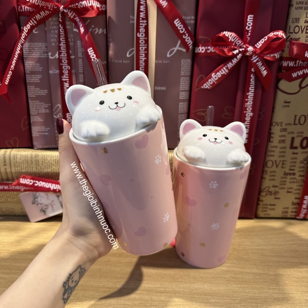 Ly Sứ Mèo Xinh Tặng Kèm Ống Hút Thuỷ Tinh