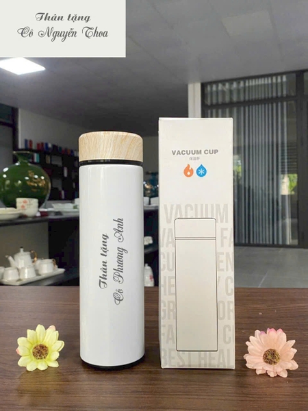 Sỉ In Khắc Logo Bình Giữ Nhiệt Nắp Gỗ 450ML