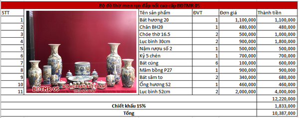 Bộ đồ thờ men rạn đắp nổi cao cấp BĐTMR05