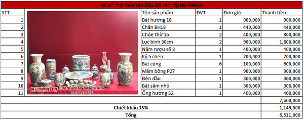 Bộ đồ thờ men rạn đắp nổi cao cấp BĐTMR07