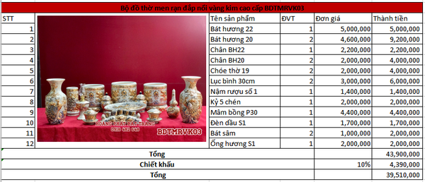 Bộ đồ thờ men rạn đắp nổi vàng kim cao cấp Bát Tràng BDTMRVK03