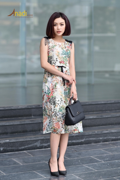 Đầm họa tiết mềm mại tua rua cầu vai