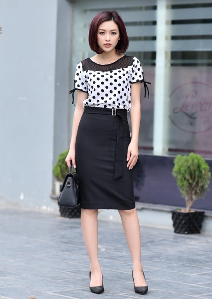 Đầm liền công sở áo chấm bi