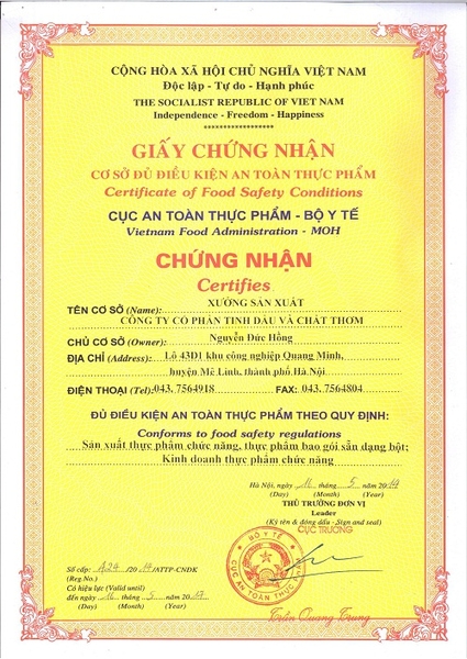 Chứng nhận đủ tiêu chuẩn vệ sinh an toàn thực phẩm