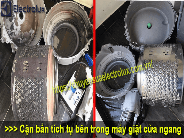 Cặn bẩn tích tụ bên trong máy giặt cửa ngang