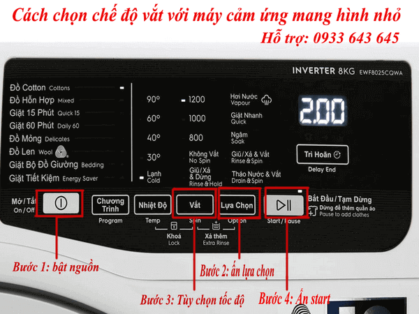 cách chọn chế độ vắt máy giặt electrolux cảm ứng màn hình nhỏ