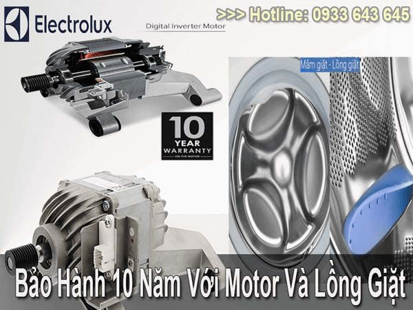 bảo hành 10 năm đối với phần motor và lồng giặt 