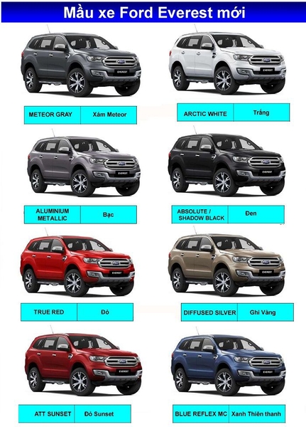 bảng màu xe Ford Everest 2019 nhập khẩu